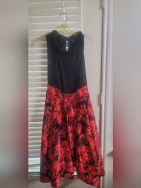 SLNY Black Bodice with Red Floral Skirt Dress
